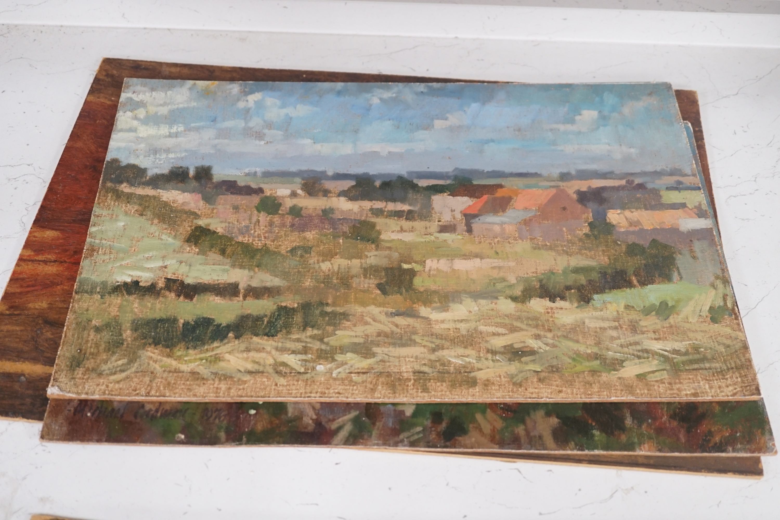 Michael Cadman (1920-2012), six oils on board, Landscapes and figure studies, one signed and dated 1963, largest 41 x 61cm, unframed